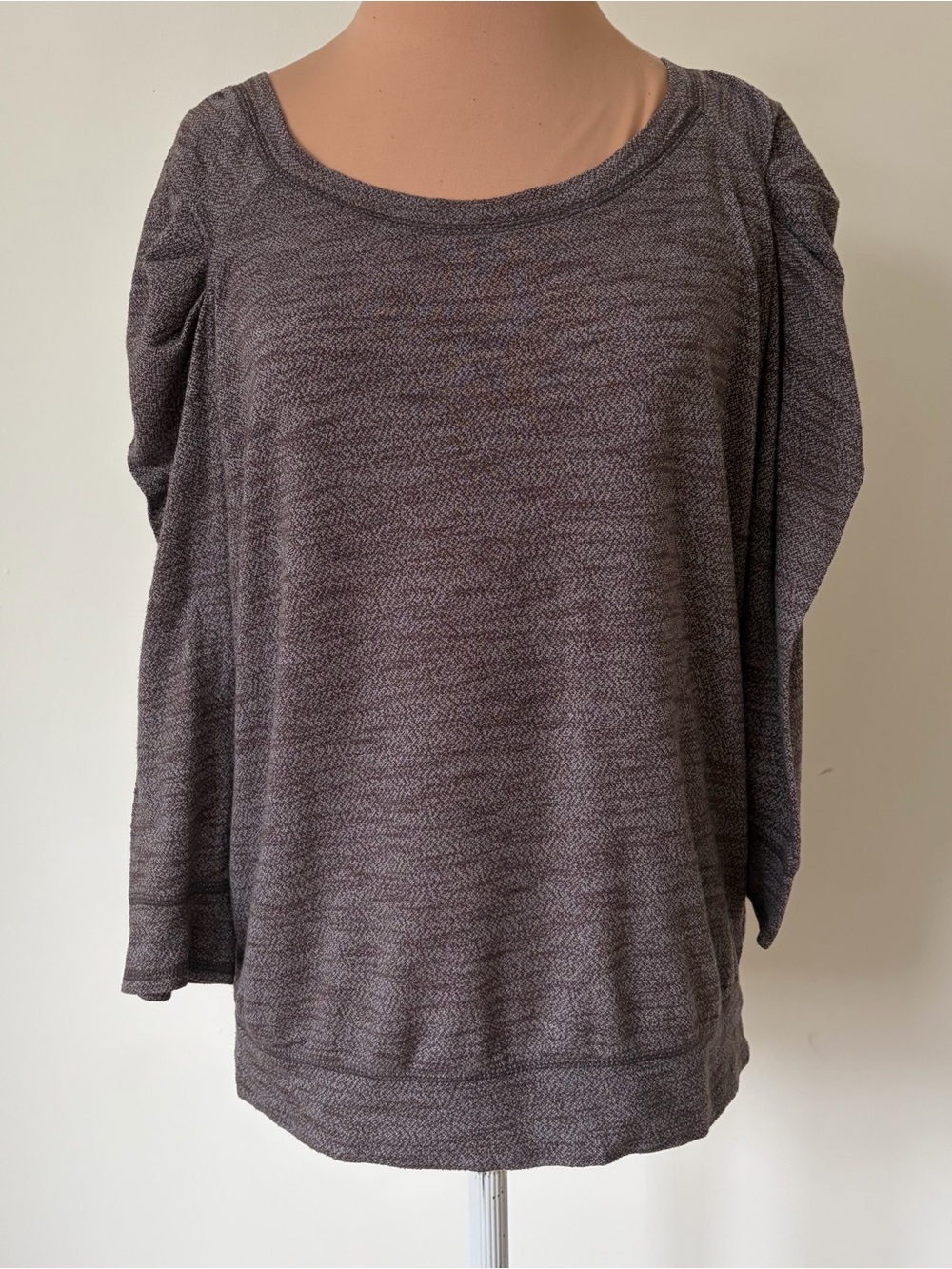 Free People Gathered Ruched Puff Sleeve Pullover Heathered Gray Top Sweater Sz M